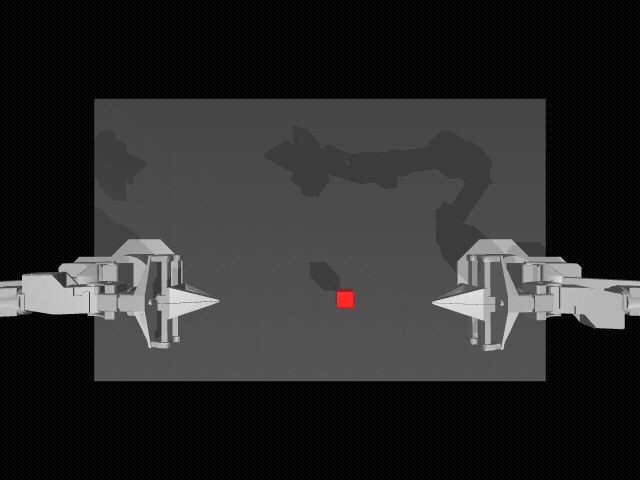 Two simulated ALOHA arms pass a red cube between their grippers