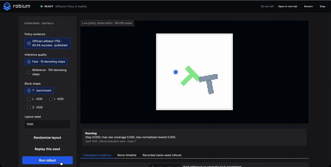 A blue circular agent pushes a gray T-shaped block toward a green target