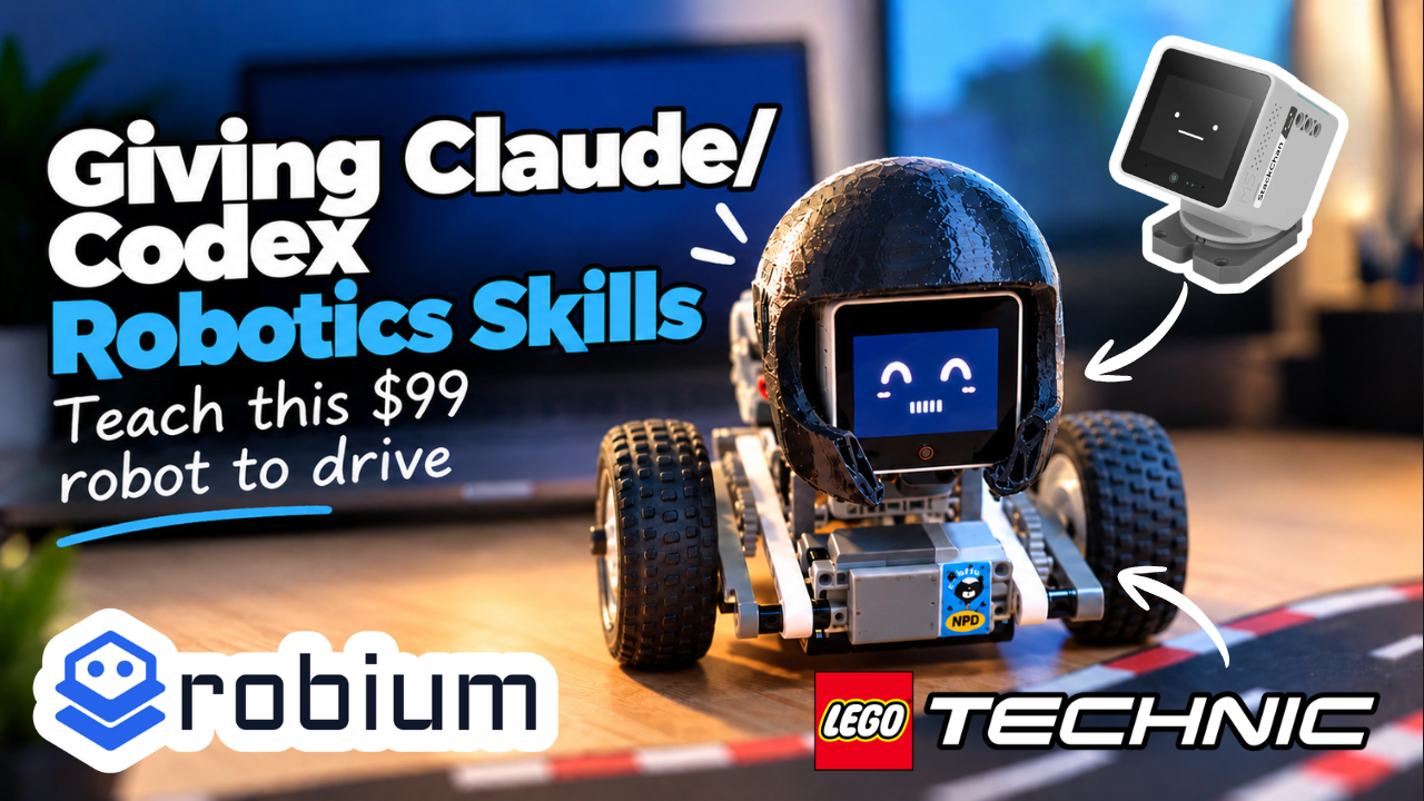 Video cover showing Stack Chan mounted on a LEGO Technic car beside the Robium name