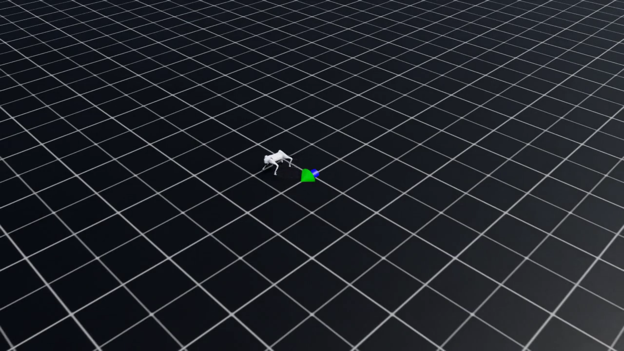 A simulated Unitree Go2 walking across a flat gray Isaac Lab scene