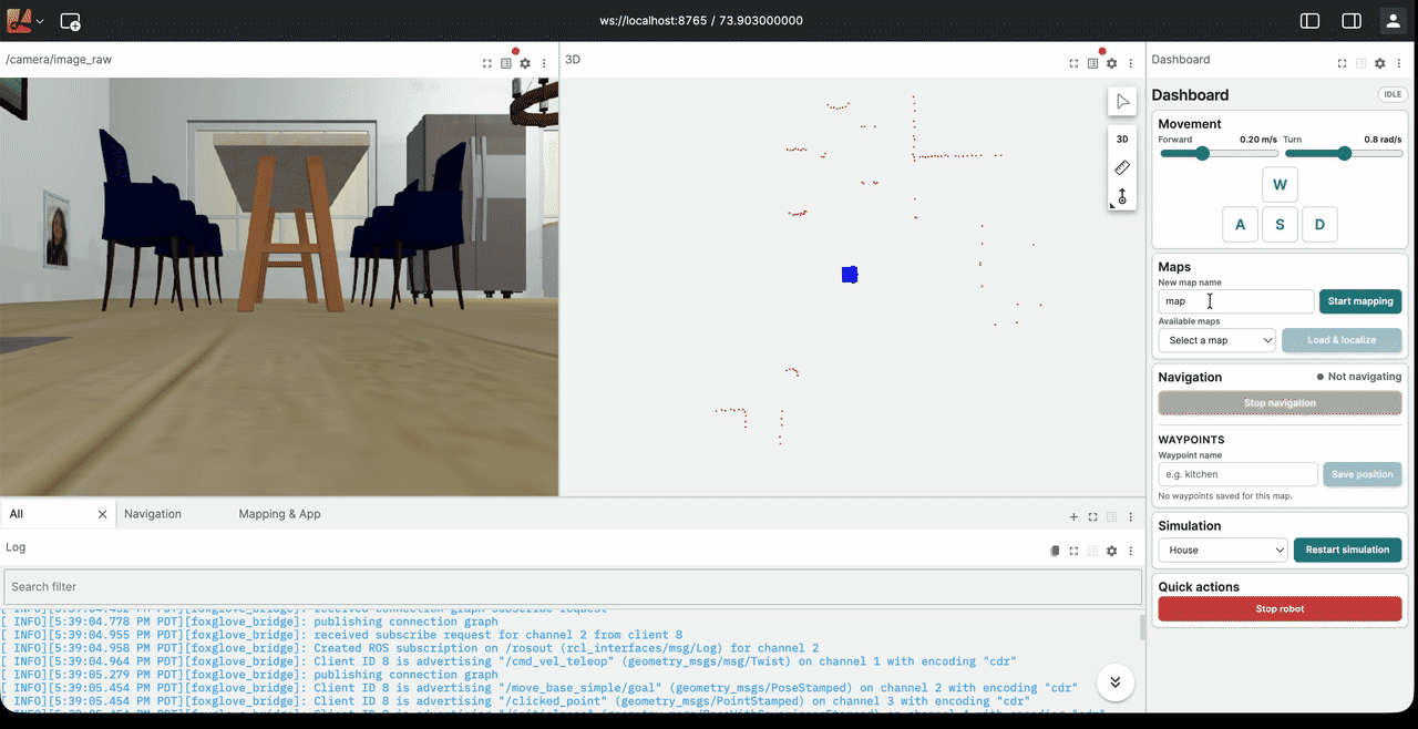 A simulated TurtleBot3 follows a planned route through a mapped environment