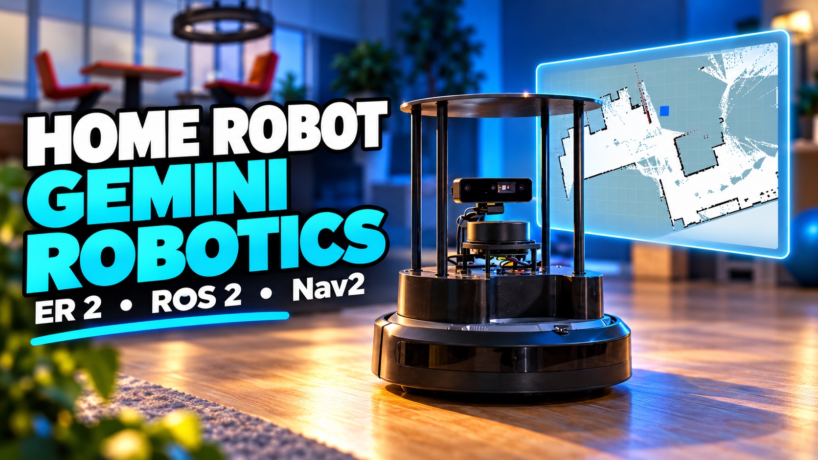 Illustrated TurtleBot 4 in a furnished home beside a navigation map, with Home Robot and Gemini Robotics ER 2 text
