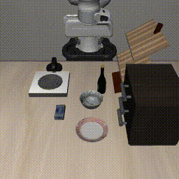 A simulated Franka Panda picks up a bowl and places it on a plate