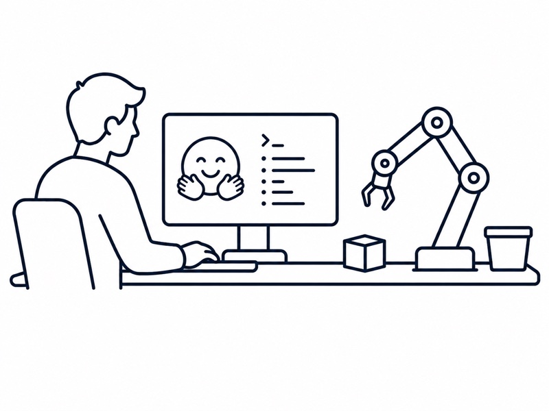 Line drawing: an ML engineer works at a screen showing a Hugging Face session while a desktop robot arm reaches for a cube