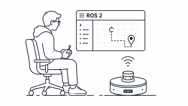 Line drawing: an engineer teleoperates a mobile robot with a joystick while a ROS 2 screen shows the planned route