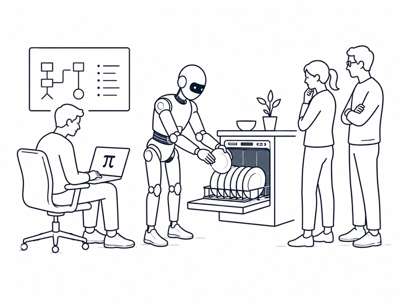 Line drawing: a team watches a humanoid robot load a dishwasher while a developer works from a behavior-tree diagram
